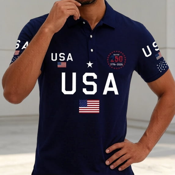 Conairie 4th of July Polo Shirts For Mens American Falg Print Button Stand Collar Patriotic Golf Shirt Short Sleeve Basic Work Tee Vacation Clothes Dark Blue L