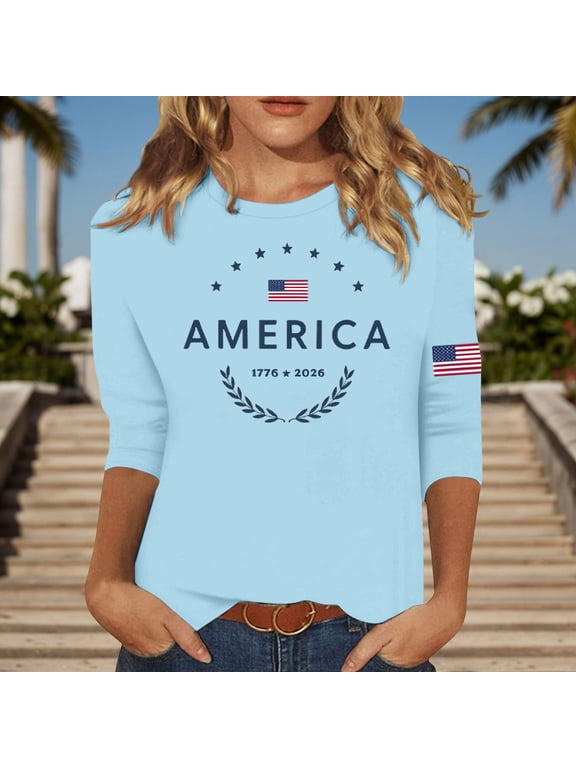 4th Of July Shirt Women Loose Long Sleeve Crew Neck Patriotic T Shirts American Falg Print Summer Trendy Casual Tops Light Blue S