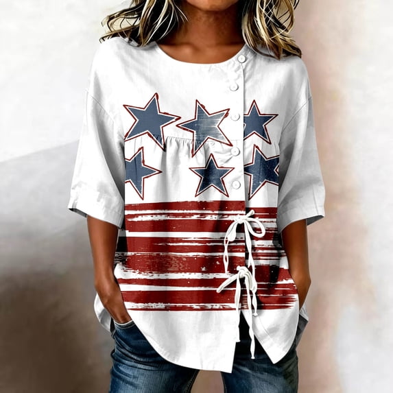 Conairie 4th Of July T Shirt Women Relaxed Fit Crew Neck Short Sleeve Patriotic Shirt With Flag Stars Stripes Basic Work Tee Vacation Clothes White S