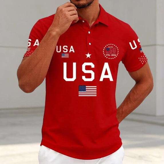 Conairie 4th of July Polo Shirts For Men Short Sleeve Button Stand Collar Patriotic Golf Shirts American Falg Print Holiday Commemorative Tops Red XL