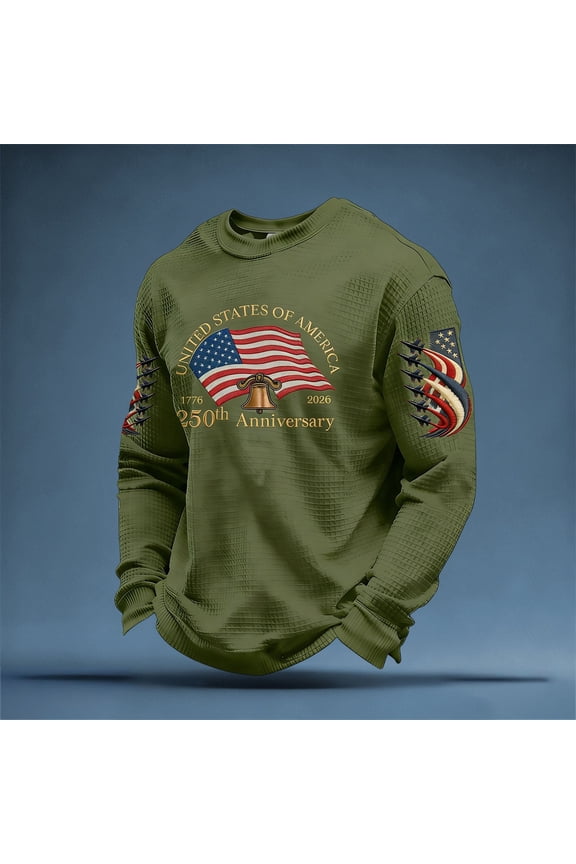 4th of July Shirt Men Loose Crew Neck Long Sleeve Patriotic T Shirt With American Flag Print Summer Trendy Casual Tops Army Green S