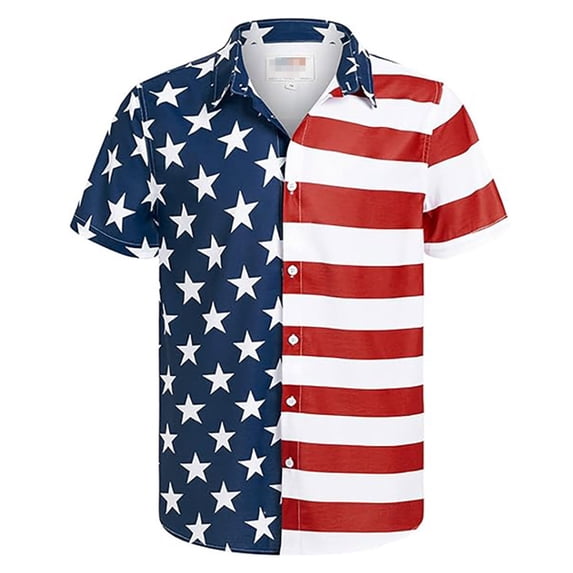 Conairie 4th of July Shirts For Mens American Flag Print Short Sleeve Collared Button Down Shirt Loose Casual Basic Work Tee Vacation Clothes Blue L
