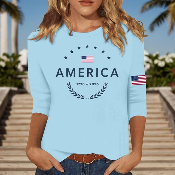 Conairie 4th of July Tops Women Relaxed Fit Crew Neck Short Sleeve Patriotic T Shirt American Flag Print Basic Blouses Vacation Clothes Light Blue L
