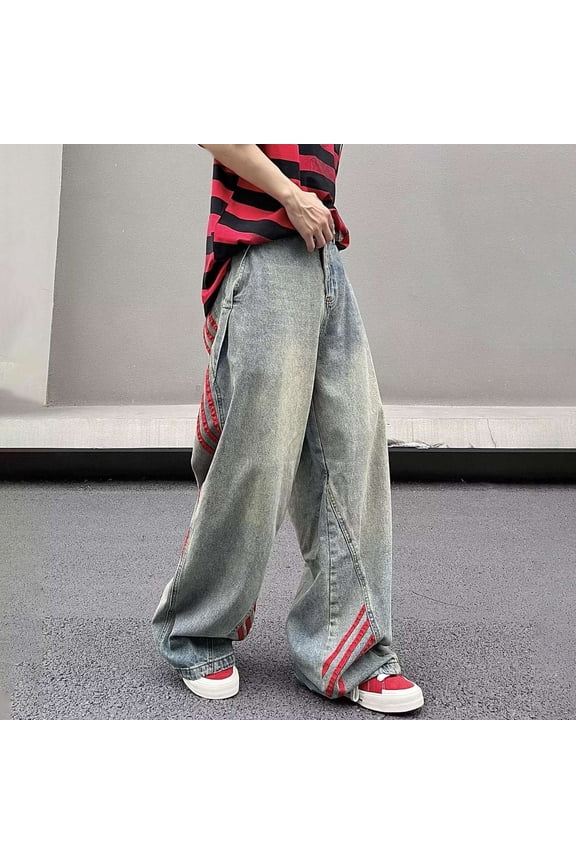 Baggy Jeans for Men Fashion Elastic Waist Denim Pants Solid Comfy Lightweight Outdoor Hiking Pants With Pocket Blue L