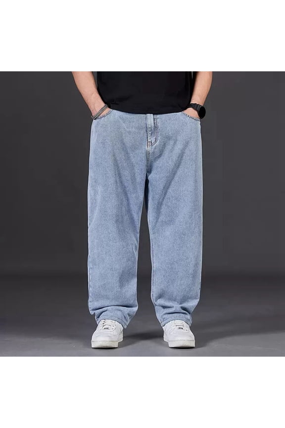 Baggy Jeans for Men Straight Elastic Waist Denim Pants Solid Color Casual Outdoor Hiking Pants with Pocket BU1 33