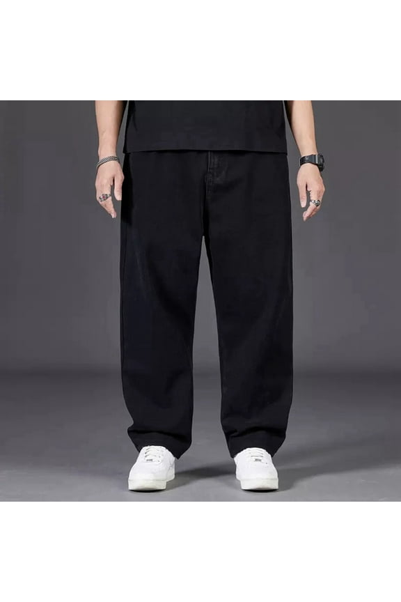 Baggy Jeans for Men Straight Elastic Waist Denim Pants Solid Color Casual Outdoor Hiking Pants with Pocket Black 42