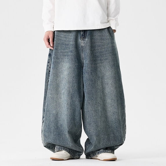 Conairie Baggy Wide Leg Jeans for Men Casual Solid Color Stretch Denim Pants Comfortable Travel Long Jeans with Pocket Dark Blue XXXXL
