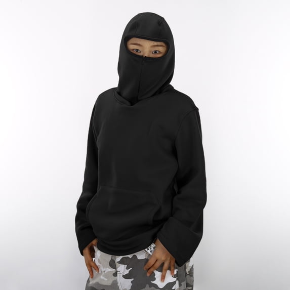 Conairie Balaclava Hoodie Boys Girls Baggy Half Zipper Y2k Kids Sweatshirt with Mask Fall Winter Windproof Hop Streewear Tops with Pockets Black Size 120