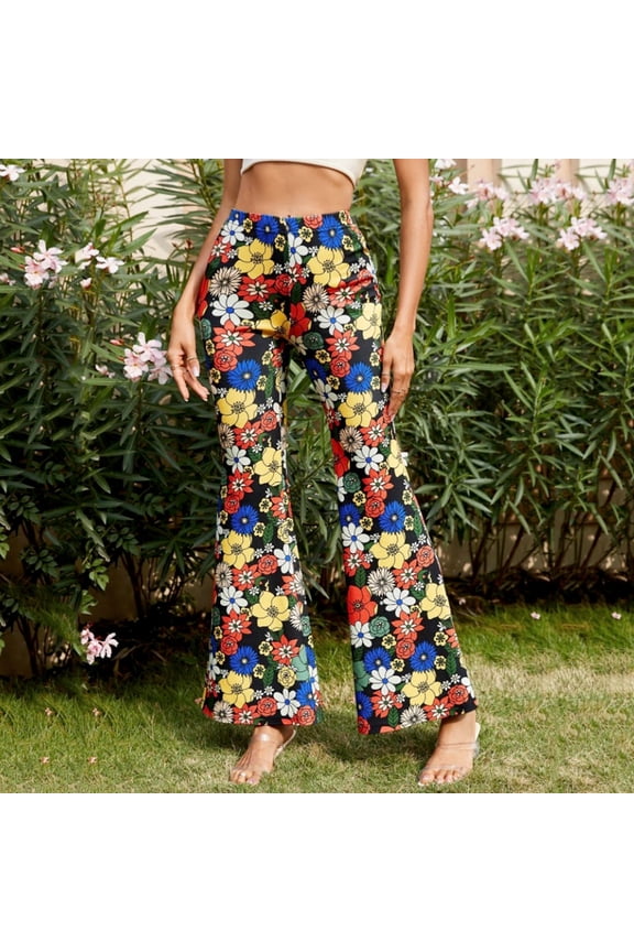 Bell Bottom Pants for Women High Waist Stretch Slim Fit Hippie Pants Floral Print Pants Palazzo Yoga Dress Pants Blue S