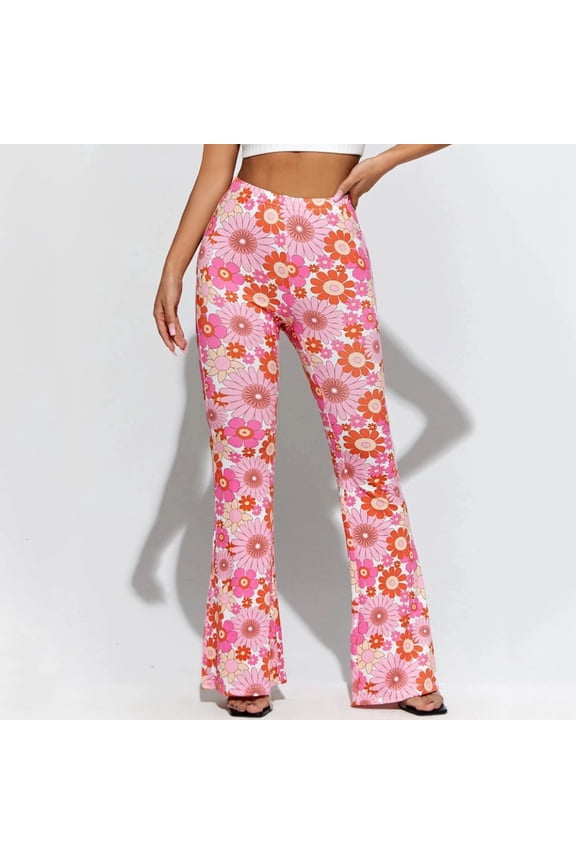 Bell Bottom Pants for Women High Waist Stretch Slim Fit Hippie Pants Floral Print Pants Palazzo Yoga Dress Pants Pink S