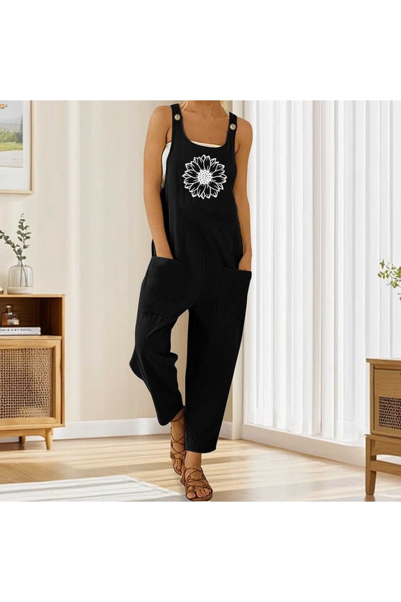 Bib Overalls Women Flower Print Casual Adjustable Straps Jumpsuits Straight Leg Pants With Pockets Black XL