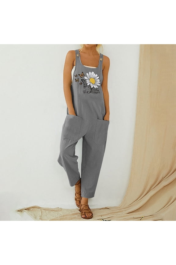 Bib Overalls Women Flower Print Sleeveless Long Romper Wide Leg Pants With Pockets Light Gray M
