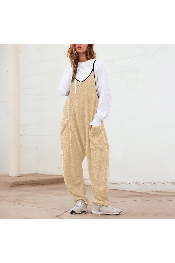 Bib Overalls Women Solid Color Boho Streetwear Rompers Summer Baggy Pants With Pockets Beige L