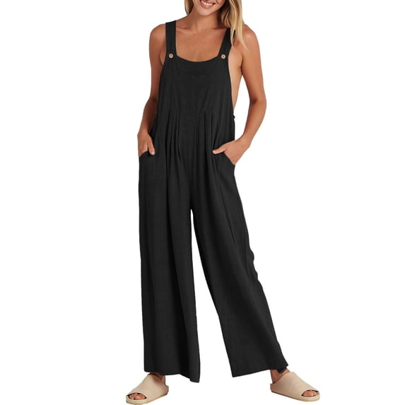 Conairie Bib Overalls Women Solid Color Loose Adjustable Straps Jumpsuits Summer Baggy Pants With Pockets Black L