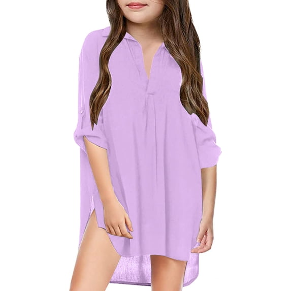 Conairie Big Girls Solid Long Sleeve Chiffon Swim Cover Up Dress Beach Pool Tunic Purple 4-5 Y