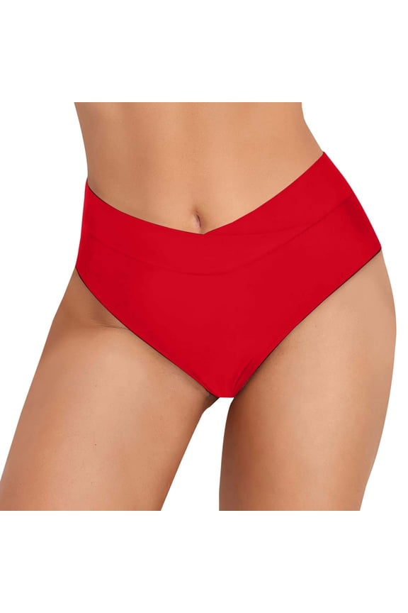 Bikini Bottoms Women Solid Color High Waisted Full Coverage Bathing Suit Lightweight Ruched Scrunch Swimsuit Bottom Red L