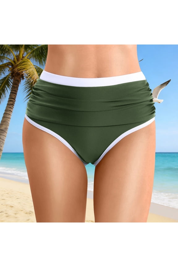 Womens Bikini Bottoms High Cut Tummy Control Swimsuit Solid Color Ruched Scrunch Swim Bottom Army Green L