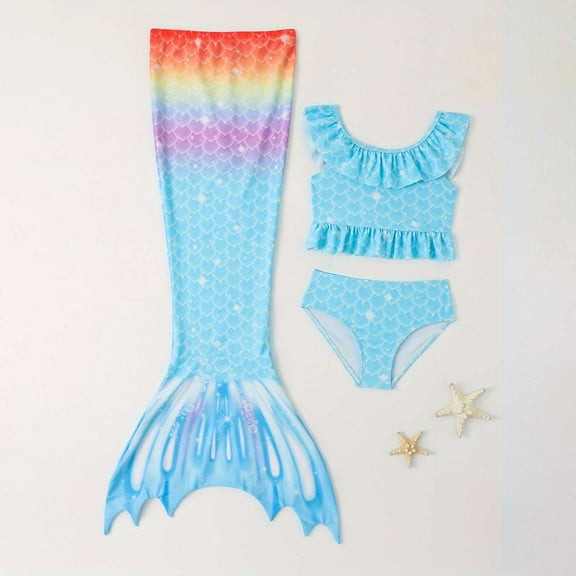 Conairie Bikini Sets For Girls 3 Piece Tankini Top And Bottom Swimsuit Outfit Breathable Bathing Suit Beach Swimwear Summer Blue