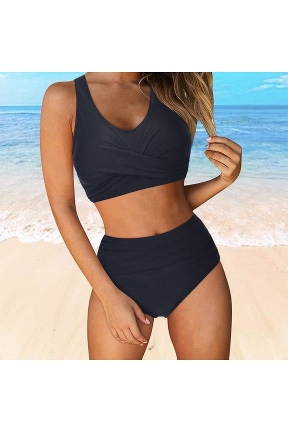 Bikini Sets For Womens High Waisted Swimsuit Two Piece Loose Fashion V Neck Twist Front Bathing Suit Solid Color Beach Lightweight Swimwear Black L