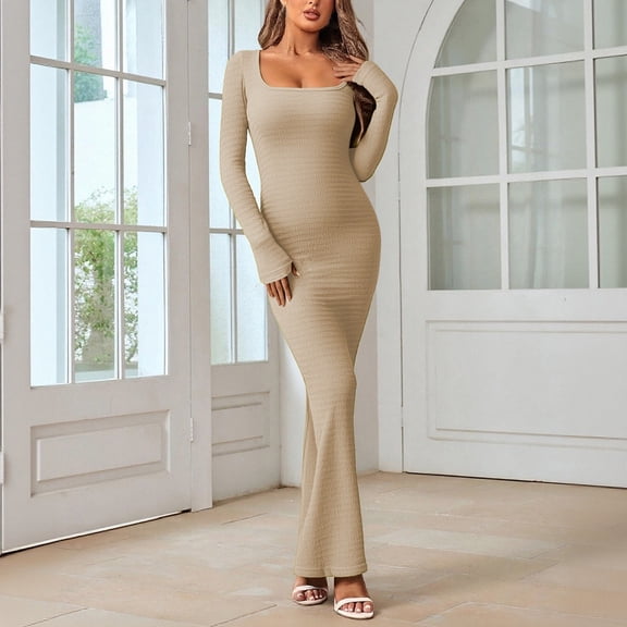 Conairie Bodycon Dresses for Women Solid Color Square Neck Slim Elegant Long Sleeve Dress Wedding Guest formal Dresses Khaki L