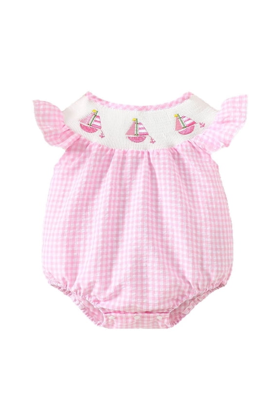 Bodysuit For Baby Girl Plaid Print Ruffles Fly Sleeve Onesie Infant Romper Summer Soft Breathable Newborn Clothes Pink 12-18 M