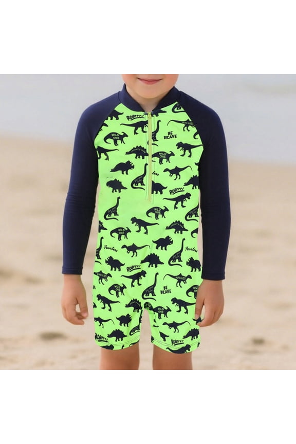 Boy One Piece Swimsuit Stretch Long Sleeve Rash Guard Bathing Suit with Zipper Beach Lightweight Swimwear Green