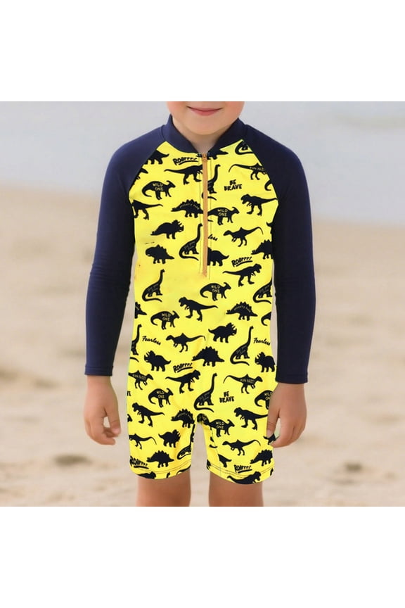 Boy One Piece Swimsuit Stretch Long Sleeve Rash Guard Bathing Suit with Zipper Summer Beach Comfortable Swimwear Yellow