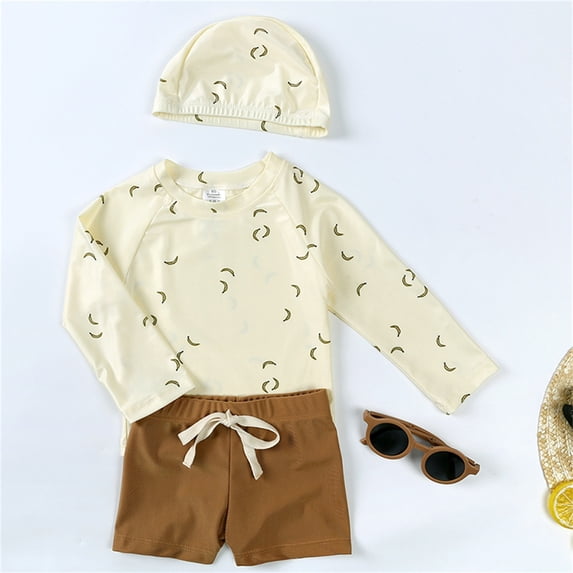 Conairie Boy Swimsuit 3 Piece Short Sleeve Rash Guard Swim Shirt Trunk Swimwear Sets with Swim Cap Bathing Suits Summer Outfits Clothes Beige