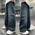 thumbnail image 1 of Conairie Boys Baggy Jeans Straight Wide Leg Y2k Denim Jeans Kids Elastic Waist Cargo Pants Streetwear Blue 6-7 Y, 1 of 5