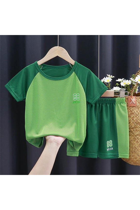 Boys Clothes Set 2 Piece Regular Fit Short Sleeve T Shirt and Shorts Kids Cute Color Block Lightweight Classic Basic Outfits Set with Pocket Green 4-5 Y