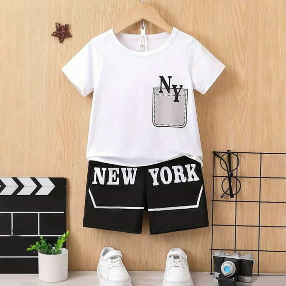 Conairie Boys Clothes Set Two Piece Regular Fit Short Sleeve T Shirt and Shorts Kids Cute Letter Print Versatile Classic Basic Outfits Set with Pocket White 7-8 Y