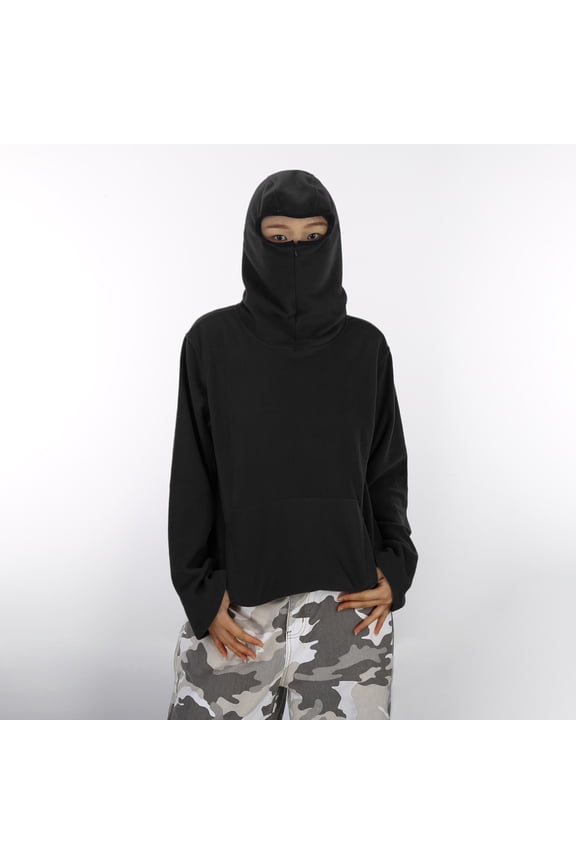 Boys Girls Balaclava Hoodie Oversized Half Zipper Kids Sweatshirt Wind Resistant Fall Winter Windproof Athletic Jacket with Face Mask Black Size 140