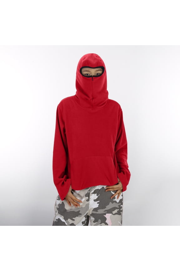 Boys Girls Balaclava Hoodie Oversized Half Zipper Kids Sweatshirt Wind Resistant Fall Winter Windproof Athletic Jacket with Face Mask Red Size 150