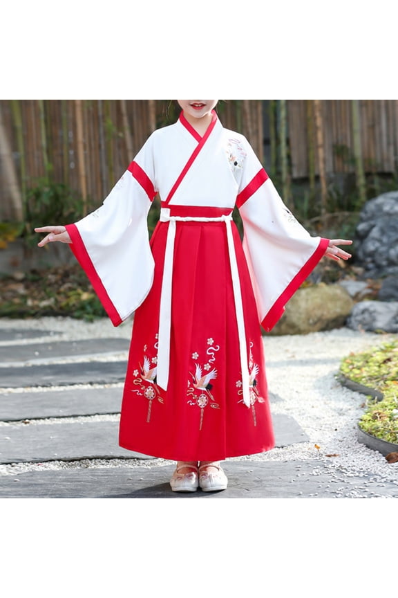 Boys Girls Hanfu Dresses Chinese Style Long Sleeve Tai Chi Uniform Performance for Kid Red 17-18 Y
