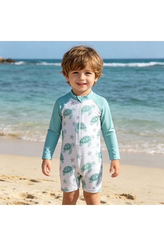 Boys One Piece Swimsuit Stretch Cartoon Print Upf 50+ Sun Protection Bathing Suit With Zipper Summer Long Sleeve Beach Comfortable Swimwear Mint Green 6-12 Months