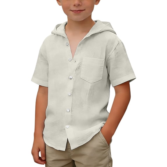 Conairie Button Down Shirt Boy Solid Relaxed Fit Short Sleeve Collared Top Kids Lightweight Summer Basic Blouse 5-6 Y