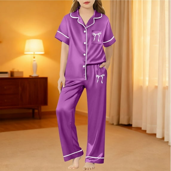 Conairie Button Down Outfit for Girl Set Satin Silk Bow Print Short Sleeve Collar Top and Pants Pj Set Kids Soft Sleepwear 2 Piece Outfits Nightwear Sets Purple 7-8 Y