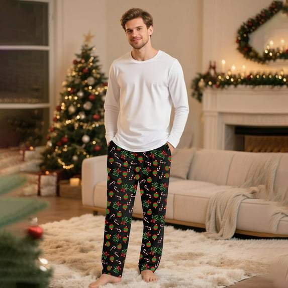 Conairie Christmas Pajama Pants for Men Wide Leg Funny Cute Print Lounge Pj Bottoms Pockets Casual Comfy Soft Sleep Pants Apparel Black L