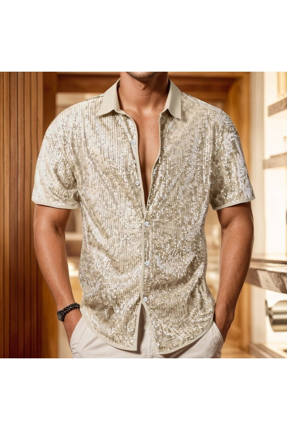 Classic Collar T Shirts for Men Short Sleeve Solid Color Sequin Shirts Loose Fit Casual Tops Beige M