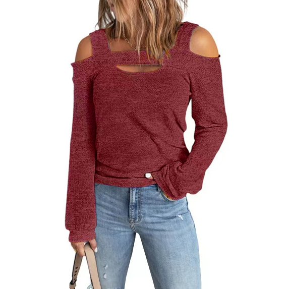 Conairie Cold Shoulder Top For Womens Solid Loose Long Sleeve T-Shirt Comfy Summer Basic Y2K Going Out Blouses Red M