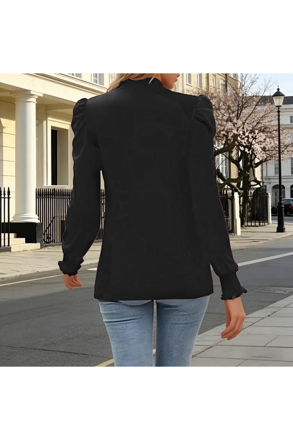 Crew Neck Shirts for Womens Long Sleeve Solid Color Puff Sleeve Loose Tee Blouses Black L