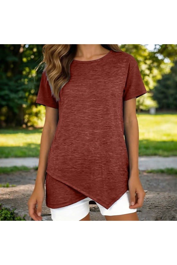 Crew Neck T Shirts for Women Short Sleeve Solid Color Asymmetric Hem Shirts Loose Fit Simple Blouses Red S