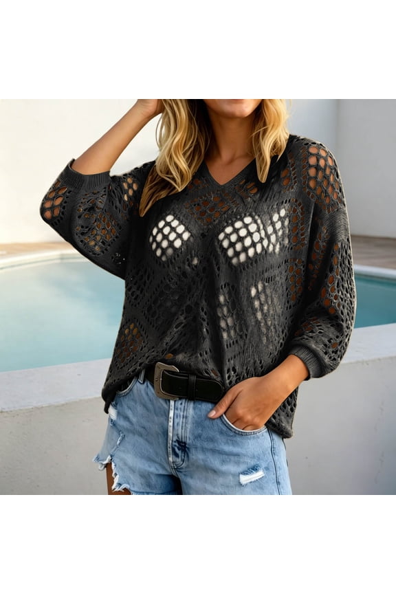 Crochet Top for Womens Lightweight Batwing Sleeve V-Neck Boho Hollow out Knit Sweater Casual Oversized Beach Cover up for Summer Black M