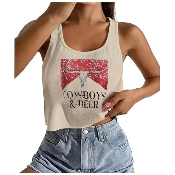 Conairie Crop Tank Tops For Women Scoop Neck Sleeveless Slim Fitted Ribbed Knit Basic Blouses Letter Print Summer Casual Tee White S