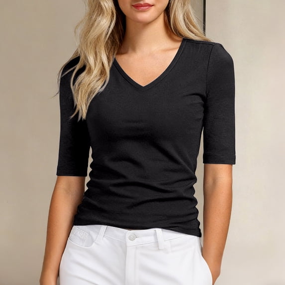 Conairie Cute Shirts for Women V Neck Half Sleeve Solid Color Loose Fashion Dressy Casual T Shirt Lightweight Fall Basic Work Tee Vacation Black XXL