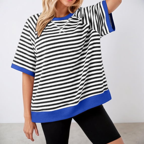 Conairie Cute T Shirts for Womens Casual Stripe Loose Short Sleeve Crew Neck Shirts Fashion Elegant Breathable Basic Work Tee Vacation Clothes Black XXL