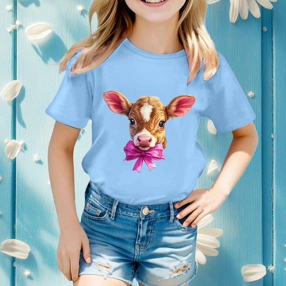 Conairie Easter Day Shirts For Girl Cow Print Short Sleeve Crew Neck T Shirts Toddler Holiday Comfy Soft Funny Graphic Tops Outfit Sky Blue 4-5 Y