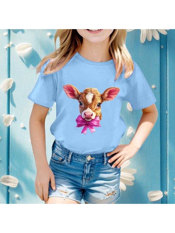Easter Day Shirts For Girl Cow Print Short Sleeve Crew Neck T Shirts Toddler Holiday Comfy Soft Funny Graphic Tops Outfit Sky Blue 4-5 Y
