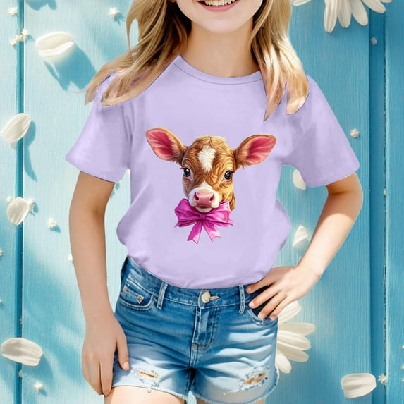 Conairie Easter Day Shirts For Girl Cow Print Short Sleeve Crew Neck T Shirts Toddler Loose Fit Comfy Soft Outfit Clothes Spring Tees Purple 4-5 Y