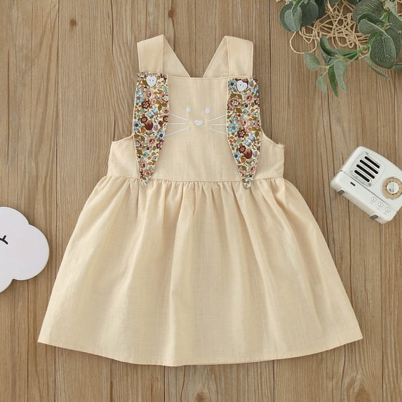 Conairie Easter Dress for Girlsr Retro Sleeveless Romper Cartoon Rabbit Printed Casual Dress Clothes